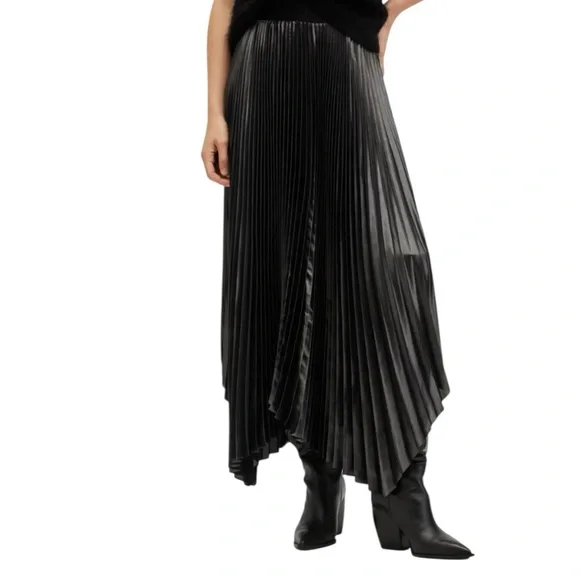 All Saints Phia Pleated Skirt Assymetrical Handkerchief Hem in Metallic Gray - Picture 4 of 11